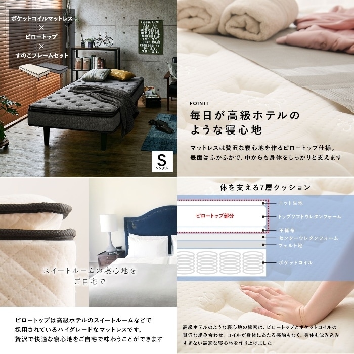 [直送5]毎日が高級ホテルのような寝心地。ポケットコイルマットレスベッド マットレス付きすのこベッド(シングル) KMB-3108GY グレー