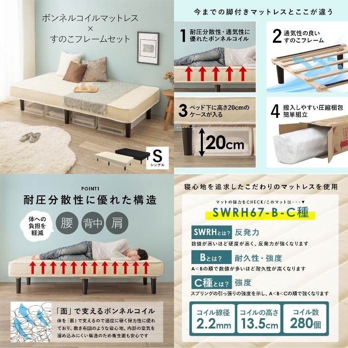 [直送5]寝心地を損なわない一体型マットレス。ボンネルコイルマットレスベッド マットレス付きすのこベッド(シングル) KMB-3105BK ブラック