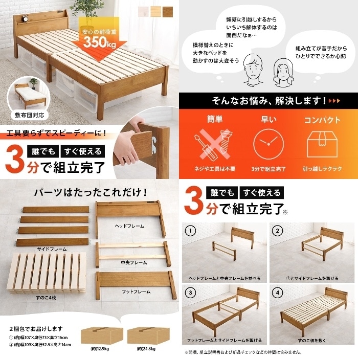 [直送5]ネジなし工具不要！3分で簡単組立！ 2口コンセント付き 耐荷重350kg ロングタイプ 宮棚付き組立簡単ベッド シングルサイズMB-5096S-DBRダークブラウン