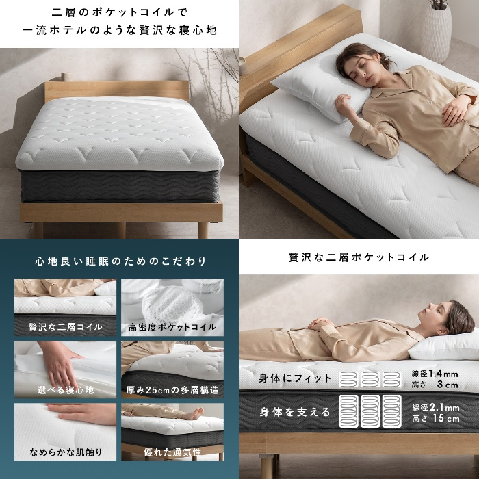 [直送5]二層のポケットコイルが体をしっかり支えてくれるマットレス『Sovila（ソヴィラ）D』 MTLS-1400-WH ホワイト