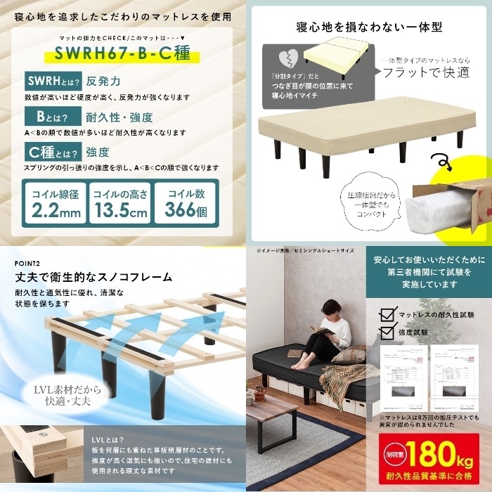 [直送5]一体型マットレス。ボンネルコイルマットレスベッド マットレス付きすのこベッド(セミダブル) KMB-3105SD-WH アイボリーホワイト