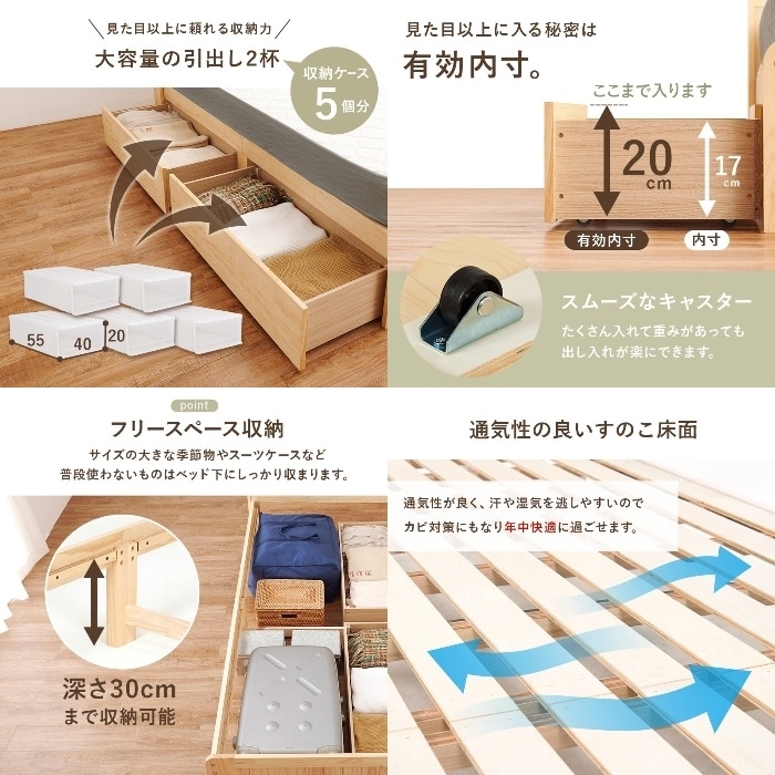 [直送5](ポケットコイルマットレスセット) 頼れる収納力！ キャスター付き大容量引出し コンセント付き宮棚 天然木のカントリー調ベッド シングルサイズMB-5039SLBR3302ライトブラウン