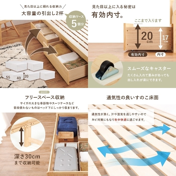 [直送5](四つ折りコイルマットレスセット) 頼れる収納力！ キャスター付き大容量引出し コンセント付き宮棚 天然木のカントリー調ベッド シングルサイズMB-5039S-WS+LM-1180ホワイトウォッシュ