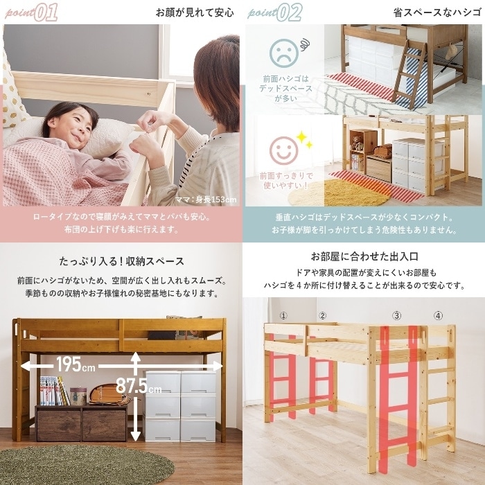 [直送5](薄型マットレスセット) 省スペースでうれしい！ お子様におすすめ 垂直ハシゴ 大容量収納スペース 耐荷重250kg ロータイプロフトベッド シングルサイズWB-7719SNA1180ナチュラル