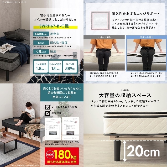 [直送5]毎日が高級ホテルのような寝心地。ポケットコイルマットレスベッド マットレス付きすのこベッド(セミダブル) KMB-3108SD-WH ホワイト