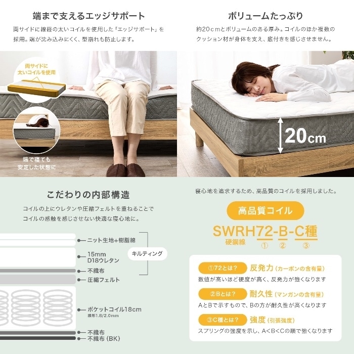 [直送5]包み込まれる寝心地。 端まで支えるエッジサポート 優れた通気性・耐久性 ポケットコイルマットレス セミダブルサイズKM-3302SD　