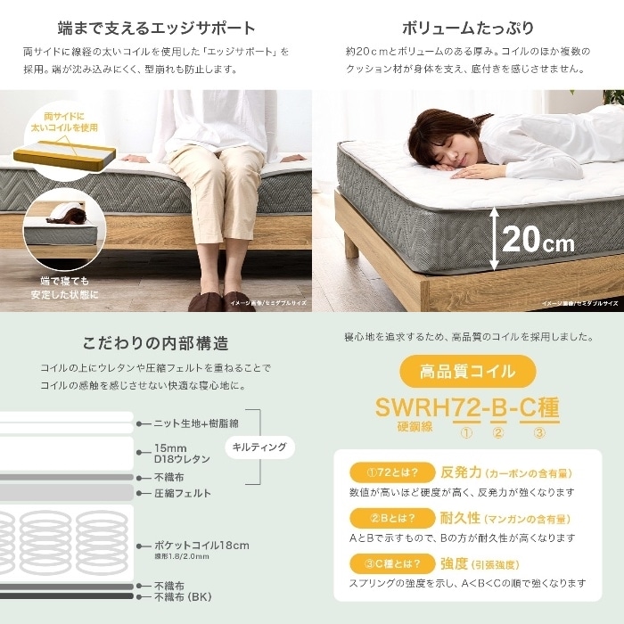 [直送5]包み込まれる寝心地。 端まで支えるエッジサポート 優れた通気性・耐久性 ポケットコイルマットレス セミシングルショートサイズKM-3302SSS　