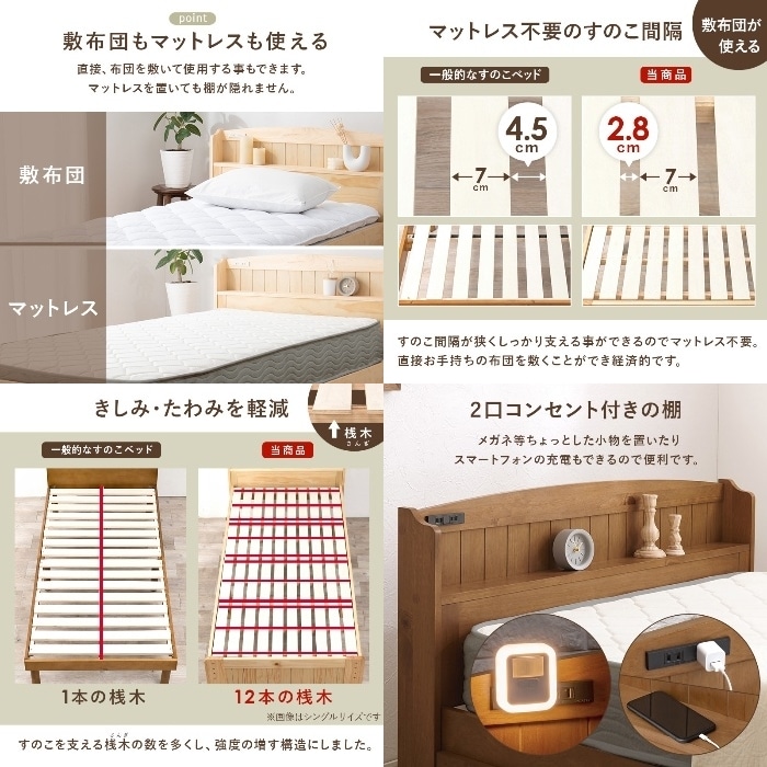 [直送5](ボンネルコイルマットレスセット) 頼れる収納力！ キャスター付き大容量引出し コンセント付き宮棚 天然木のカントリー調ベッド セミダブルサイズMB-5039SDWS3301ホワイトウォッシュ