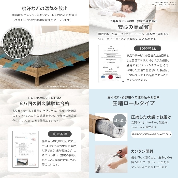 [直送5]安心感のある寝心地。 寝返りサポート 優れた通気性・耐久性 ボンネルコイルマットレス シングルサイズKM-3301S　