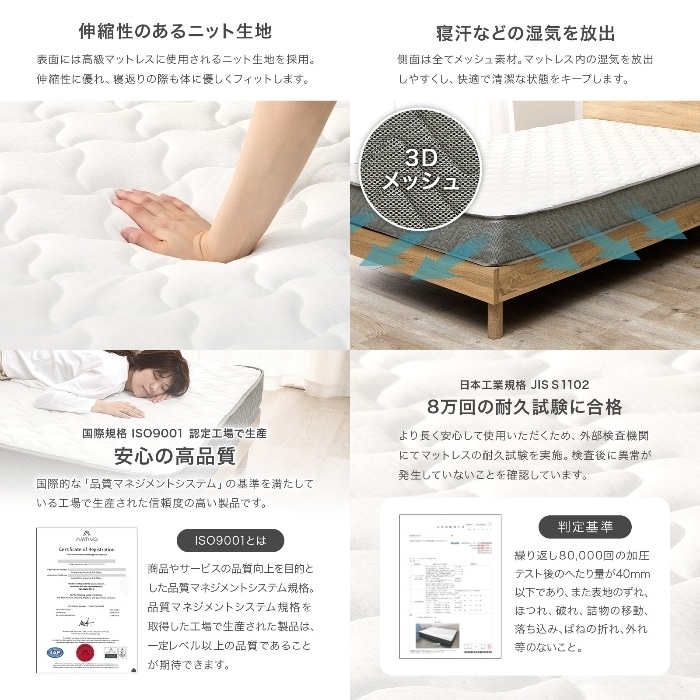 [直送5]包み込まれる寝心地。 端まで支えるエッジサポート 優れた通気性・耐久性 ポケットコイルマットレス セミダブルサイズKM-3302SD　
