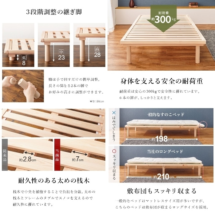 [直送5]畳と檜の香り 国産ひのき使用 天然い草使用 双目織高さ 三段階調節 耐荷重300kg ロングサイズ 畳マットレス付き檜すのこベッド シングルサイズWB-7722Sクラマクラマ