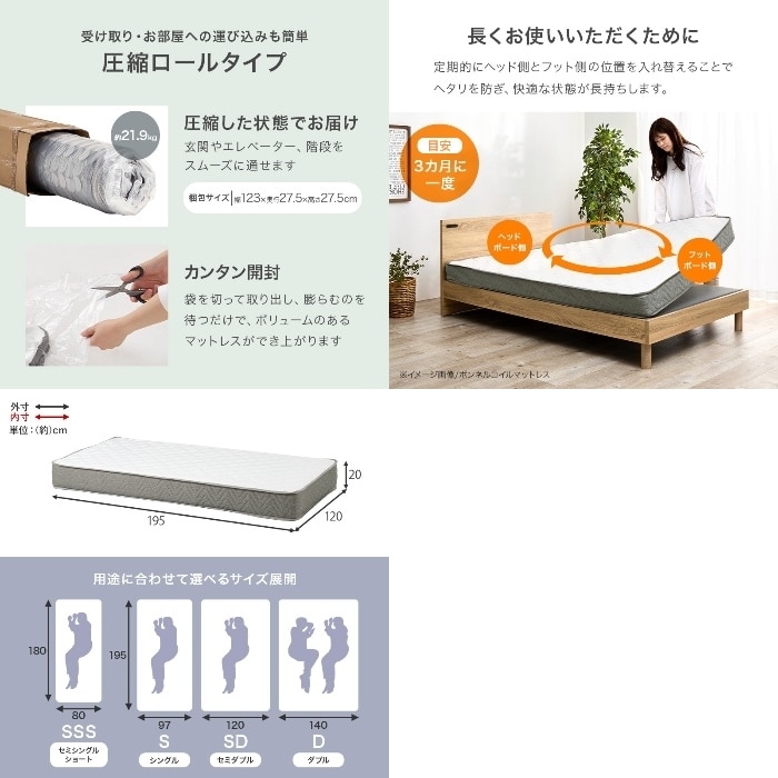 [直送5]包み込まれる寝心地。 端まで支えるエッジサポート 優れた通気性・耐久性 ポケットコイルマットレス セミダブルサイズKM-3302SD　