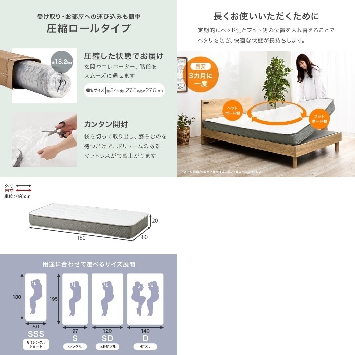 [直送5]包み込まれる寝心地。 端まで支えるエッジサポート 優れた通気性・耐久性 ポケットコイルマットレス セミシングルショートサイズKM-3302SSS　