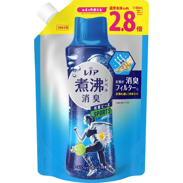 レノア煮沸レベル消臭抗菌ビーズ スポーツ クールリフレッシュ&シトラスの香りつめかえ用超特大 1180ml