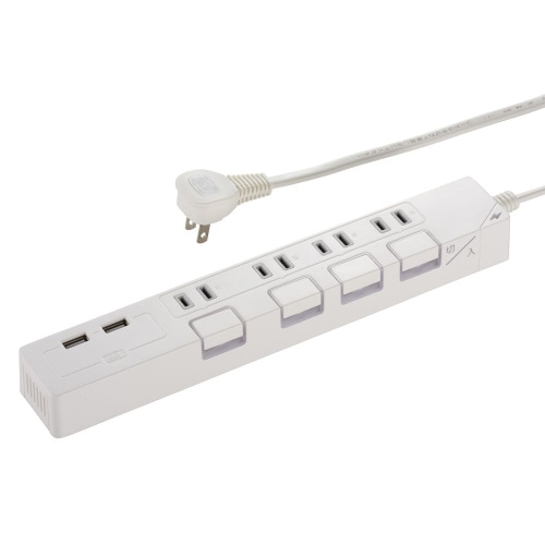 4口2m節電タップPUSH＋USB白 HS-TU42P90W ホワイト