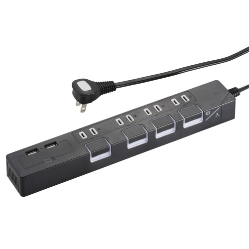 4口2m節電タップPUSH＋USB黒 HS-TU42P91K ブラック